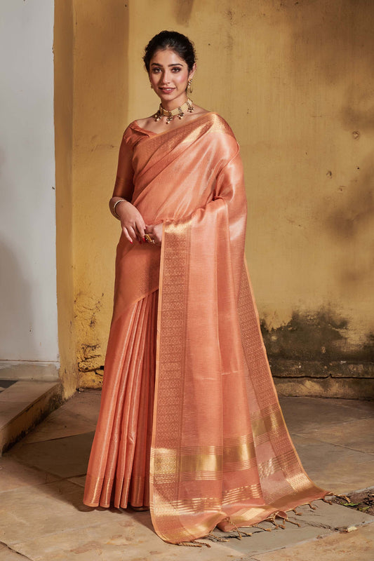 Orange Zari Woven Tissue Linen Saree
