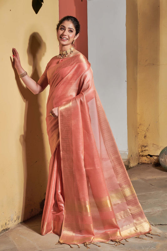 Pink Zari Woven Tissue Linen Saree
