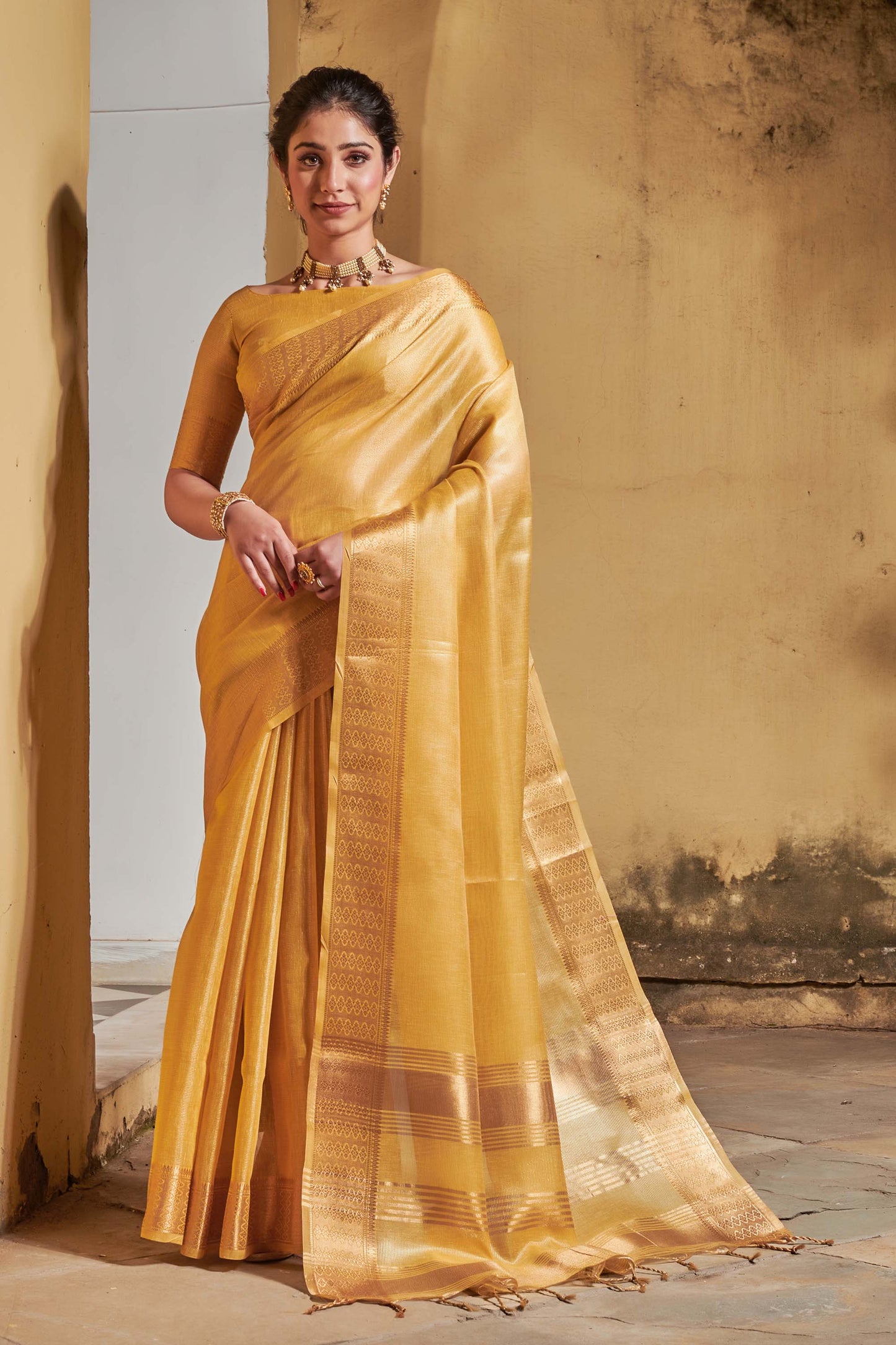 Yellow Zari Woven Tissue Linen Saree