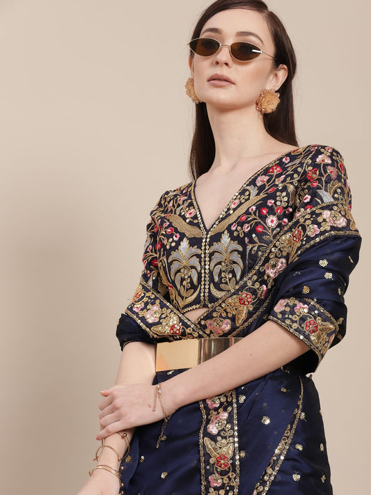 Navy Blue Sequins Embroidery Partywear Silk Designer Saree