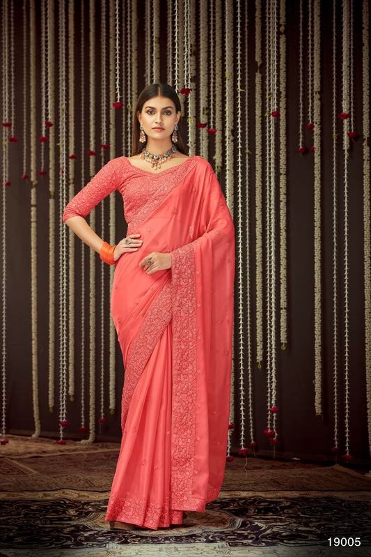 Peach Color Heavy Zari Work Organza Saree for Sangeet