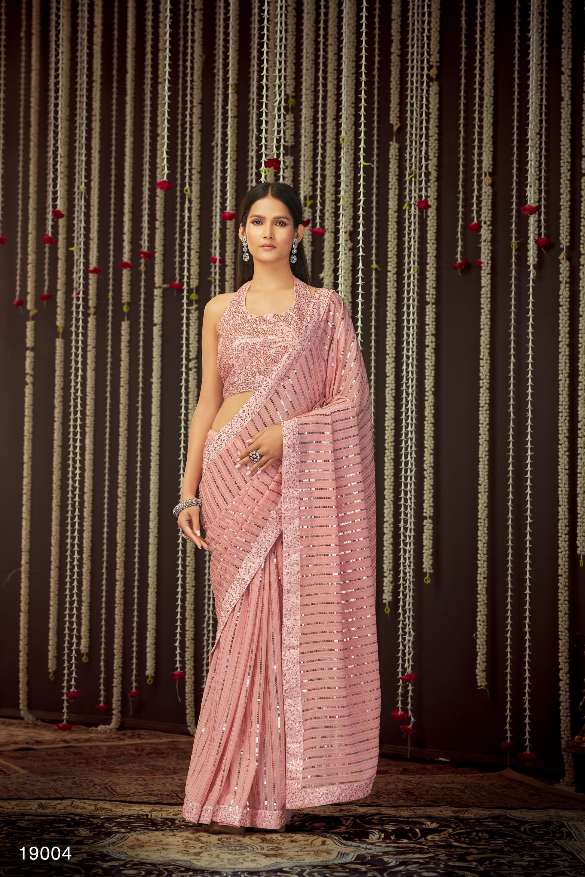 Pink Color Sequins and Zari Embroidery Georgette Saree for Cocktail