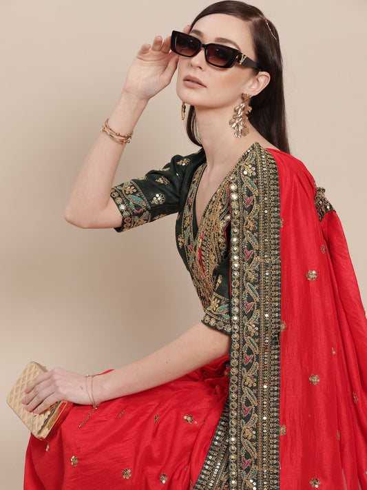 Red Silk Partywear Sequins Work Saree for Sangeet
