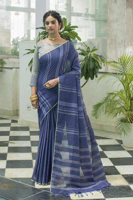 Blue Zari Woven Linen Saree with Grey Blouse
