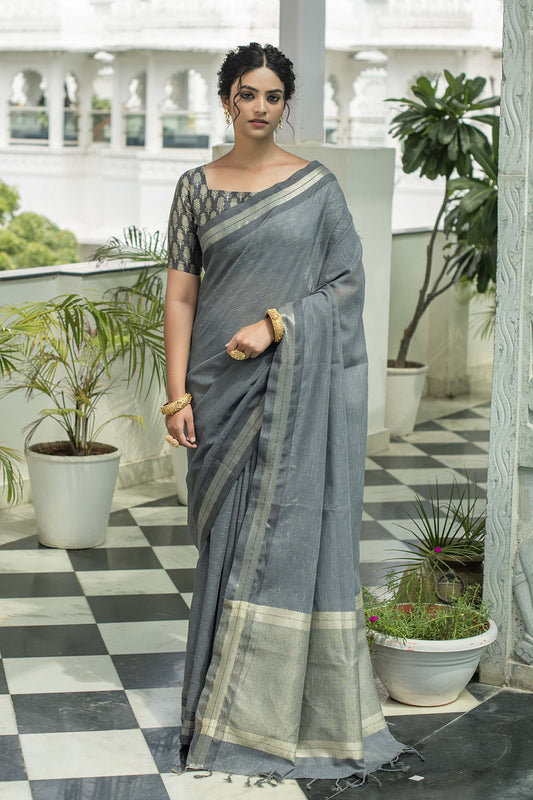 Grey Zari Woven Linen Saree with Grey  Blouse