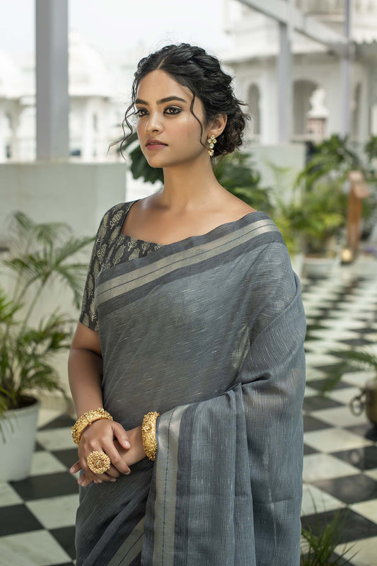 Grey Zari Woven Linen Saree with Grey  Blouse