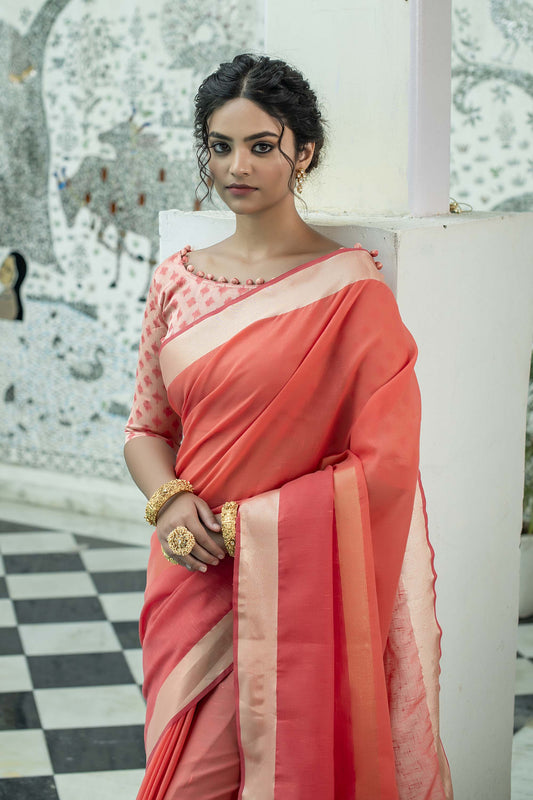 Orange Zari Woven Linen Saree with Orange  Blouse