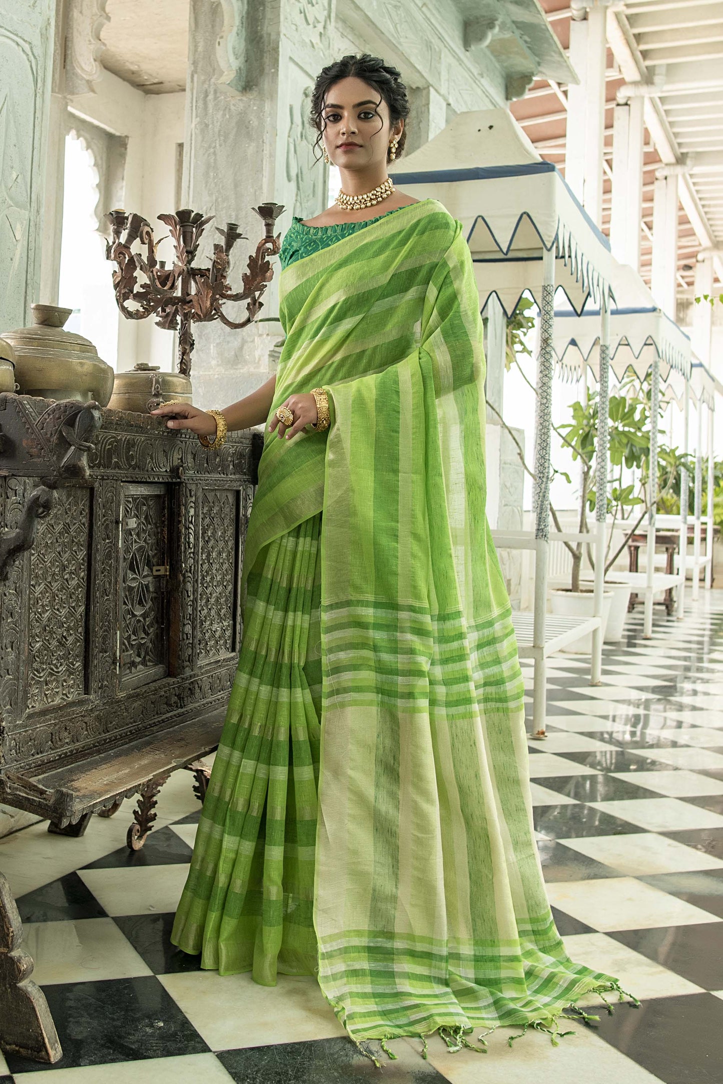 Parrot Green Zari Woven Linen Saree with Green Blouse
