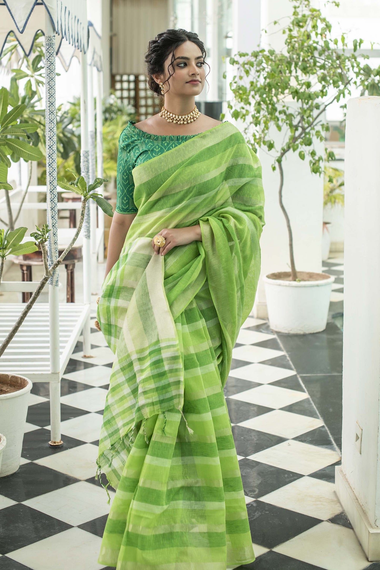Parrot Green Zari Woven Linen Saree with Green Blouse