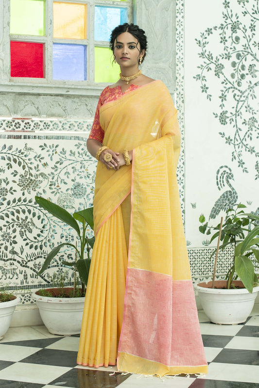 Yellow Zari Woven Linen Saree with Pink  Blouse