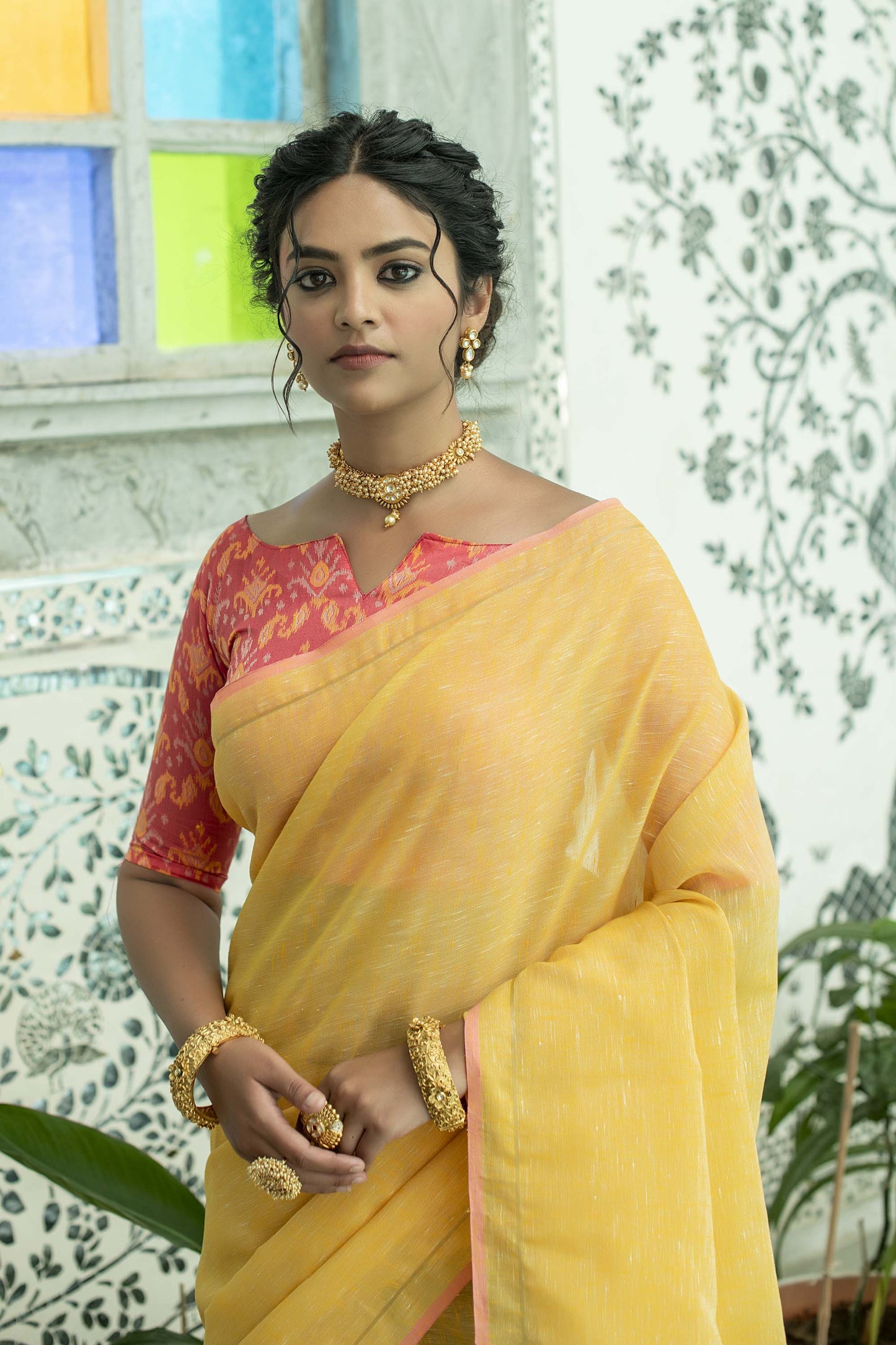 Yellow Zari Woven Linen Saree with Pink  Blouse