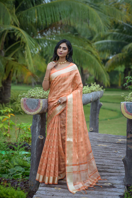 Orange Zari Woven Organza Saree
