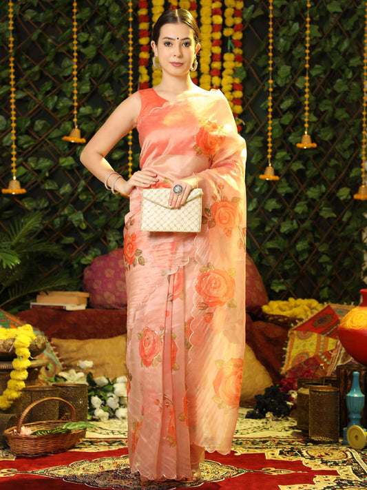 Orange Printed Organza Silk Saree with Banglori Silk Blouse
