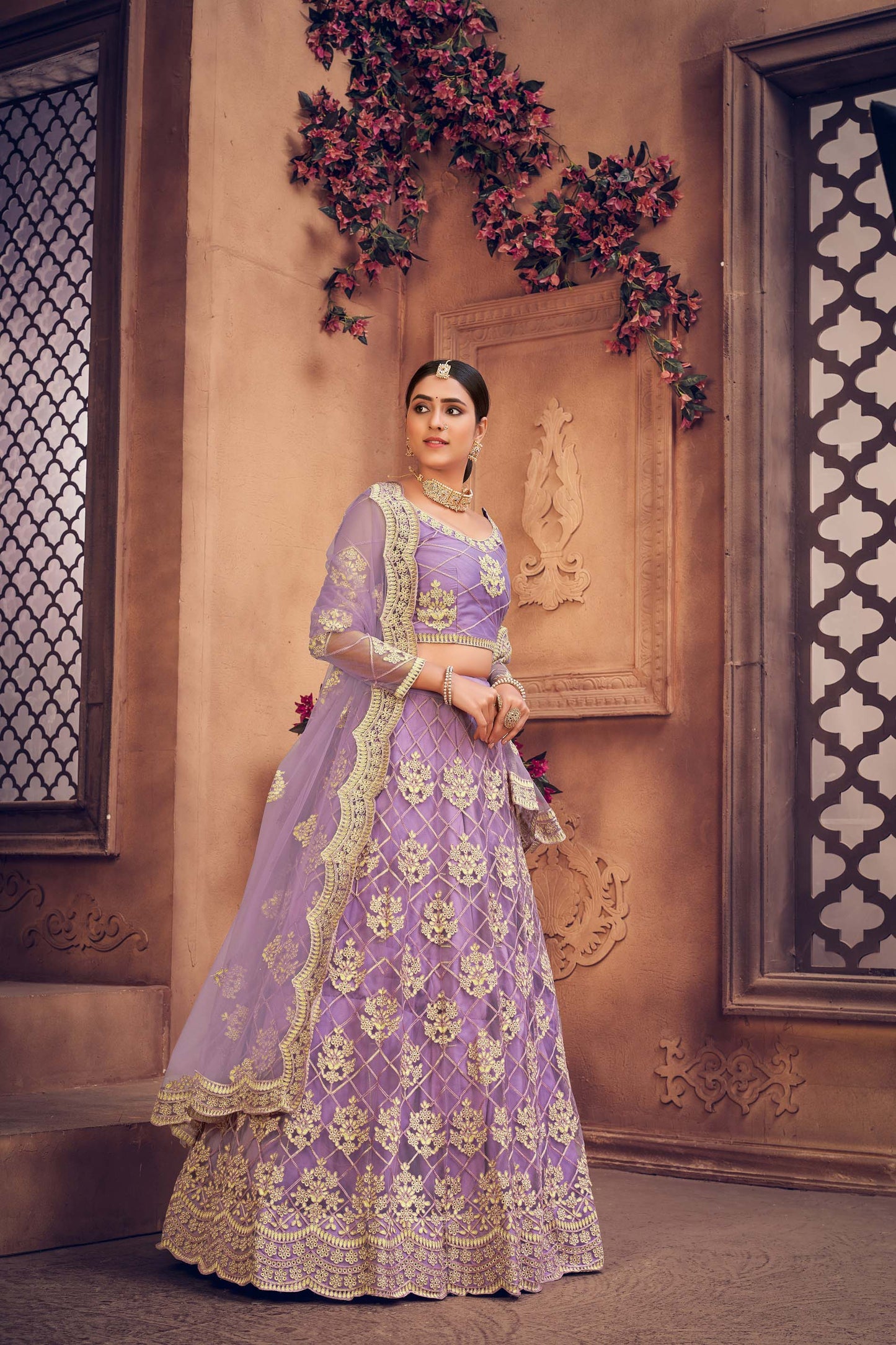Purple Color Embroidered Net Lehenga