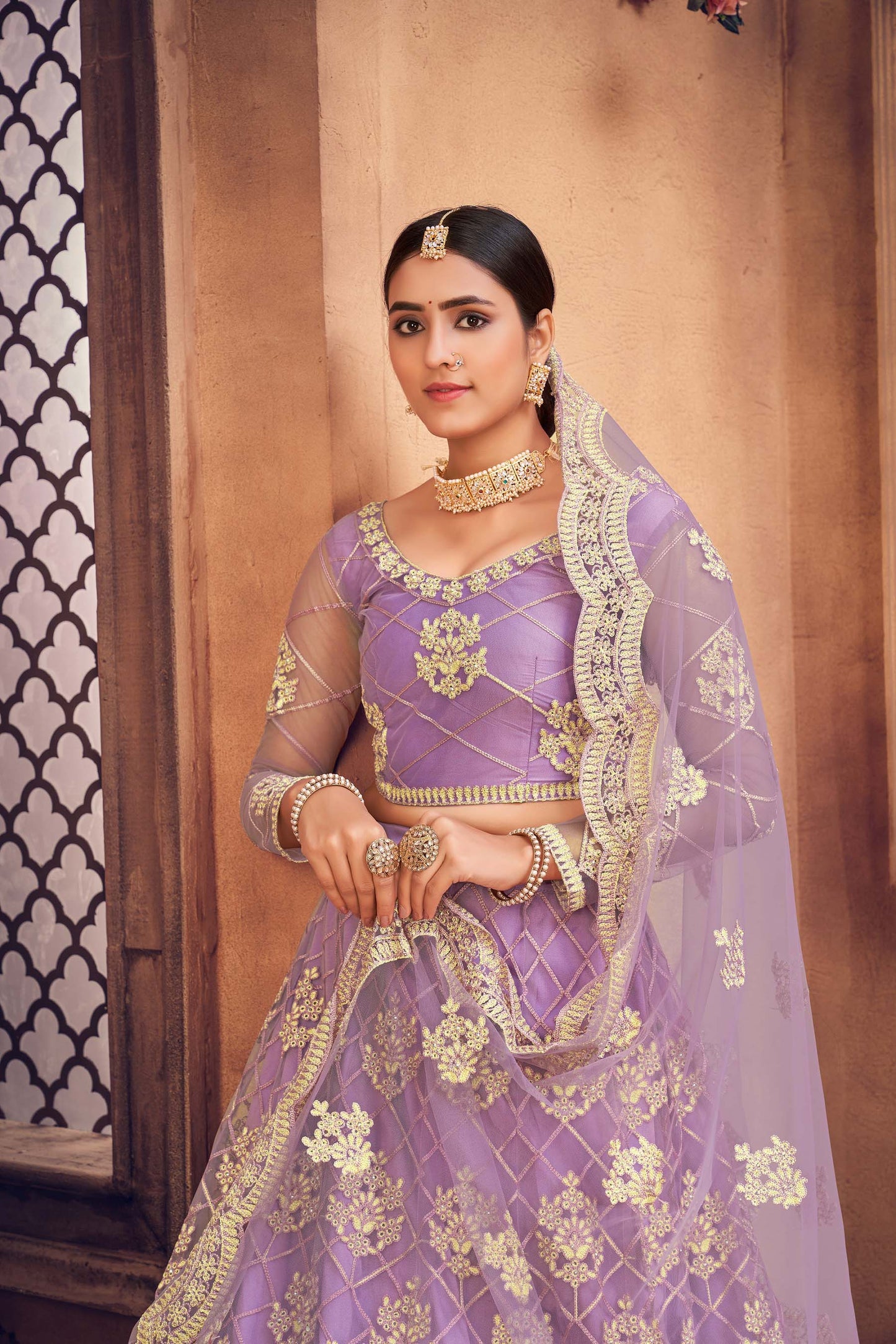 Purple Color Embroidered Net Lehenga