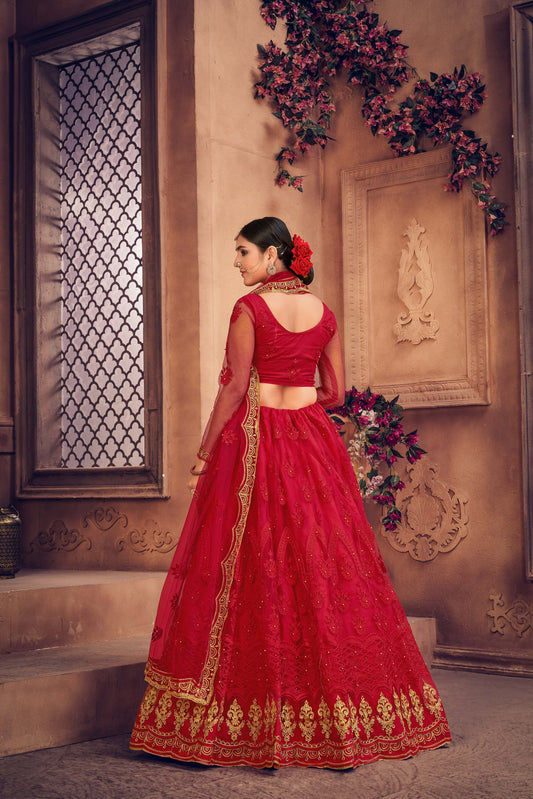 Red Color Embroidered Net Lehenga