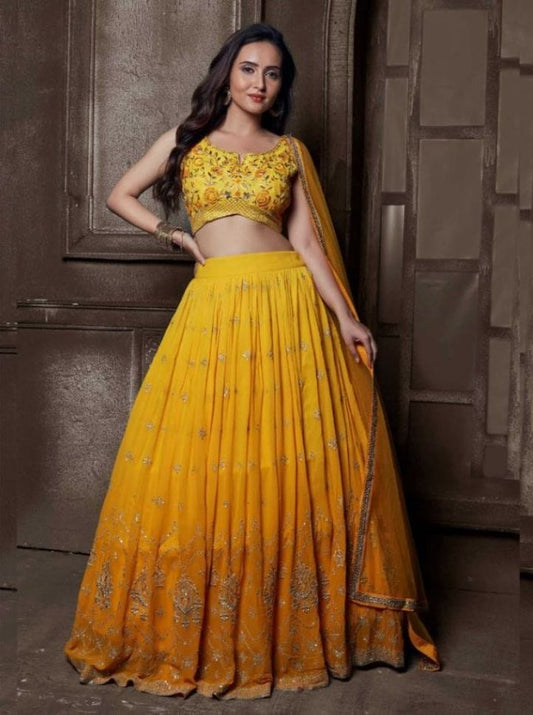 Yellow Color Embroidered Viscose Georgette Lehenga