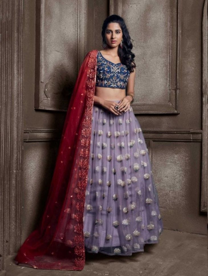 Purple and Blue Color Embroidered Viscose Georgette Lehenga