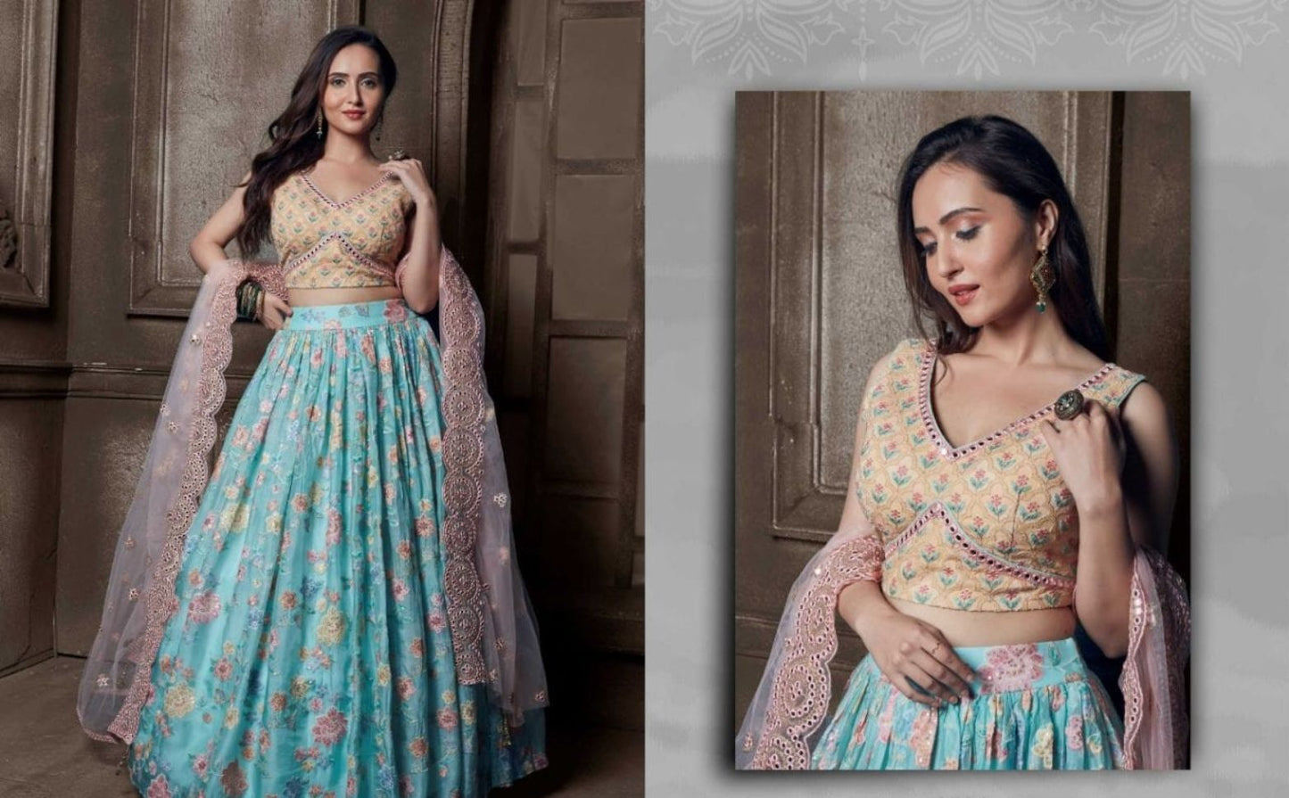 Light Yellow and Blue Color Embroidered Viscose Georgette Lehenga