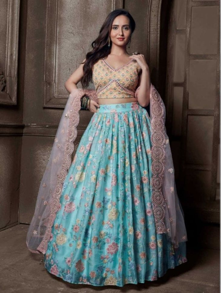 Light Yellow and Blue Color Embroidered Viscose Georgette Lehenga
