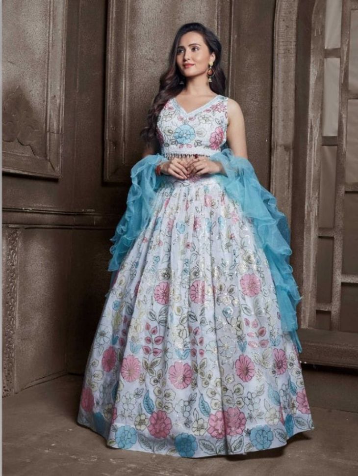 White and Blue Color Embroidered Viscose Georgette Lehenga