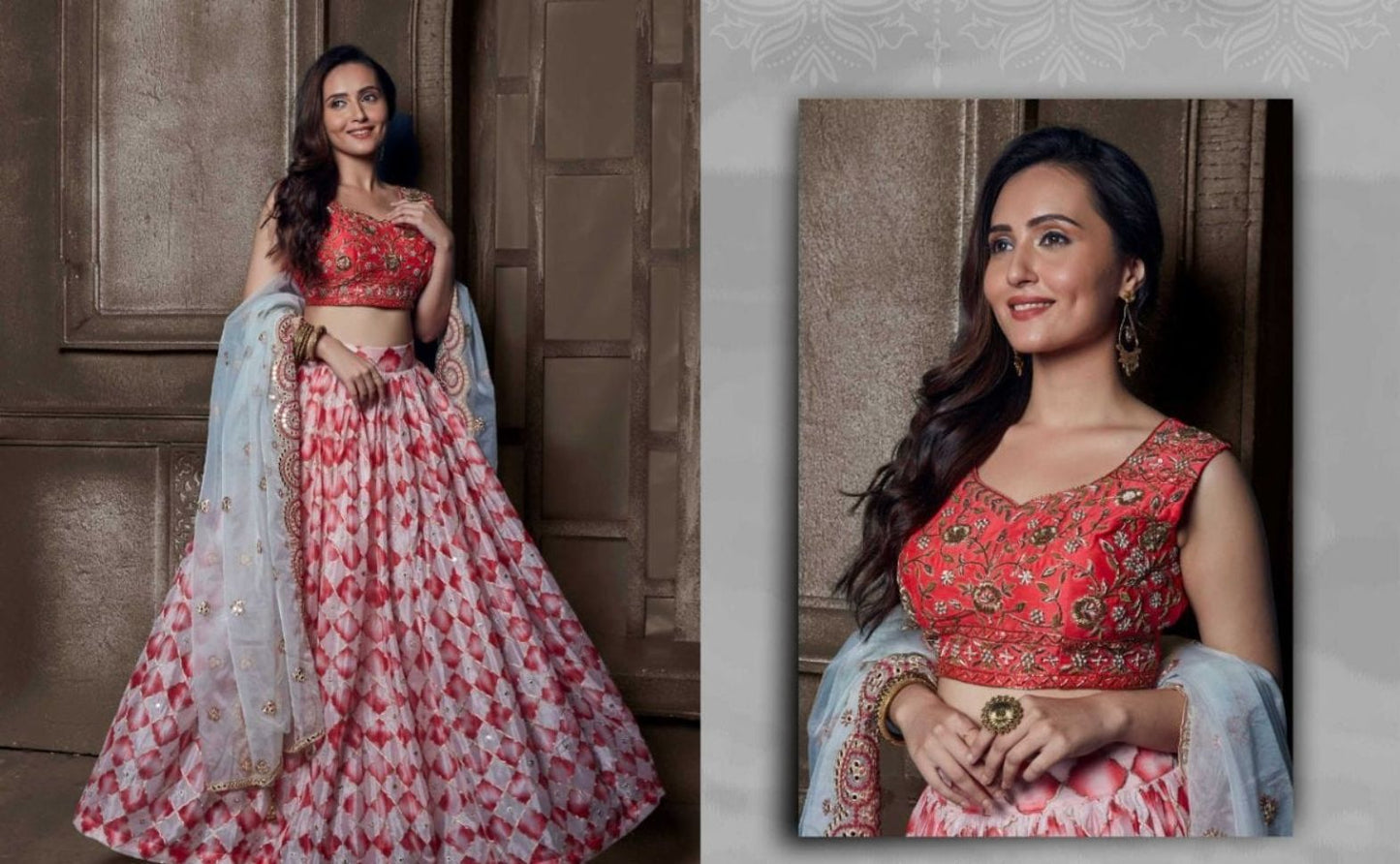 Red and White Color Embroidered Viscose Georgette Lehenga