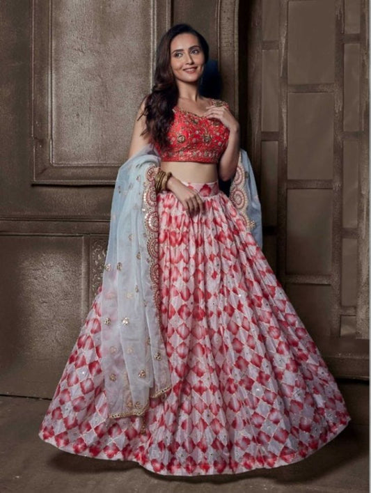 Red and White Color Embroidered Viscose Georgette Lehenga
