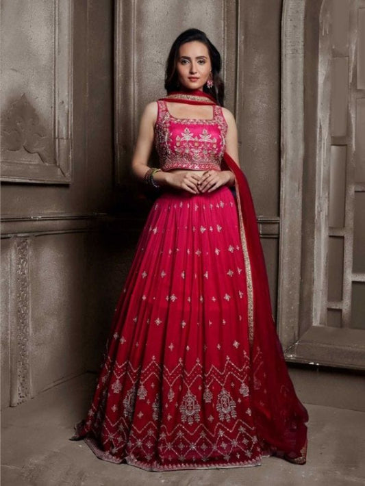 Stylish Red Color Embroidered Viscose Georgette Lehenga