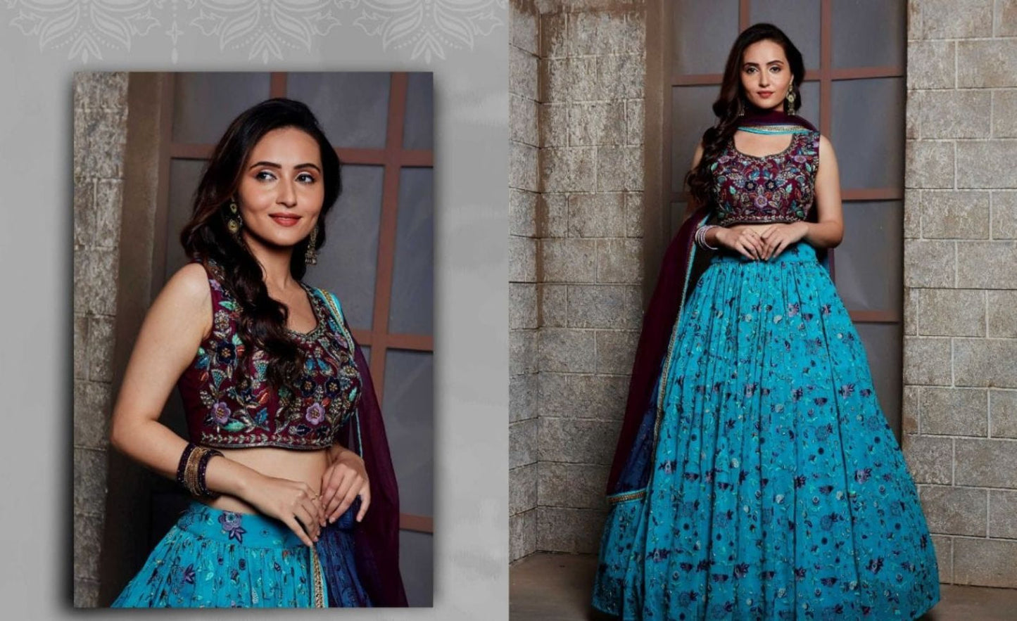 Blue and Maroon Color Embroidered Viscose Lehenga