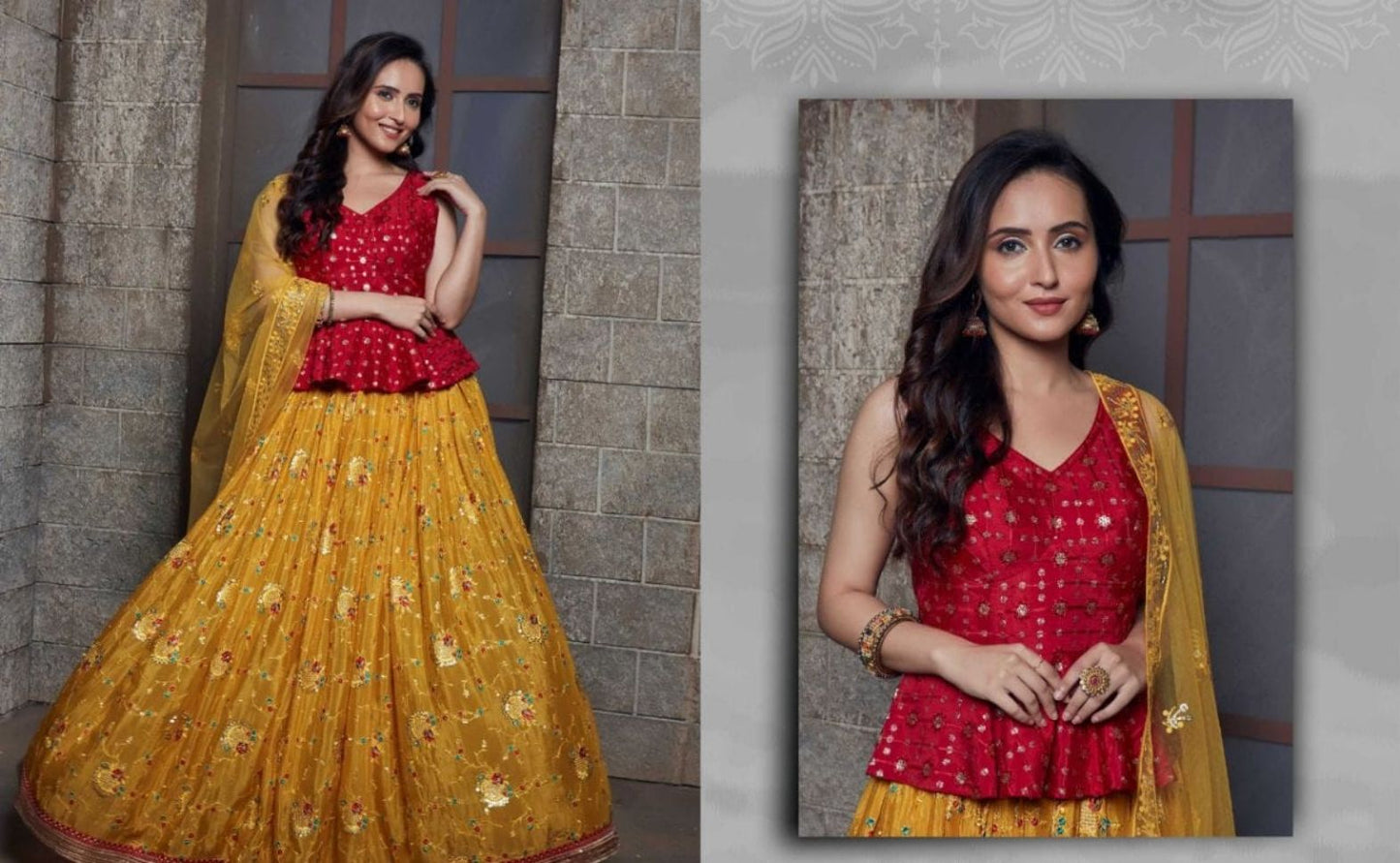 Yellow and Red Color Embroidered Viscose Georgette Lehenga