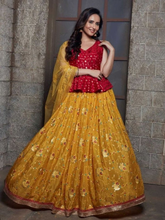 Yellow and Red Color Embroidered Viscose Georgette Lehenga