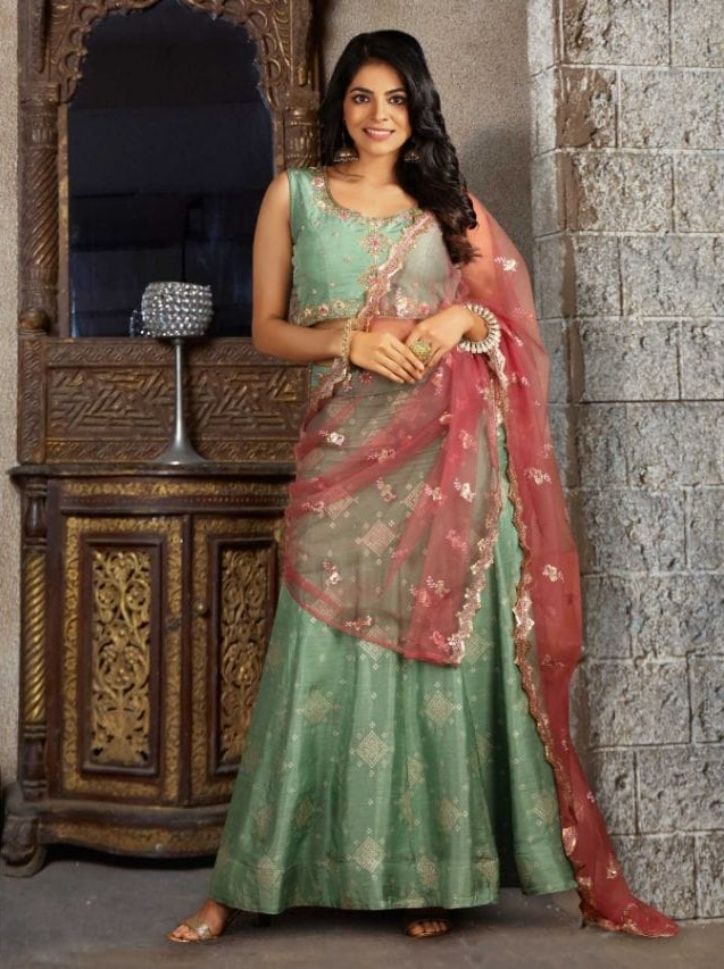 Light Green Color Embroidered Viscose Georgette Lehenga
