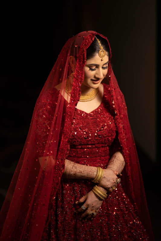 Designer Red Color Aari Work Net Bridal Lehenga