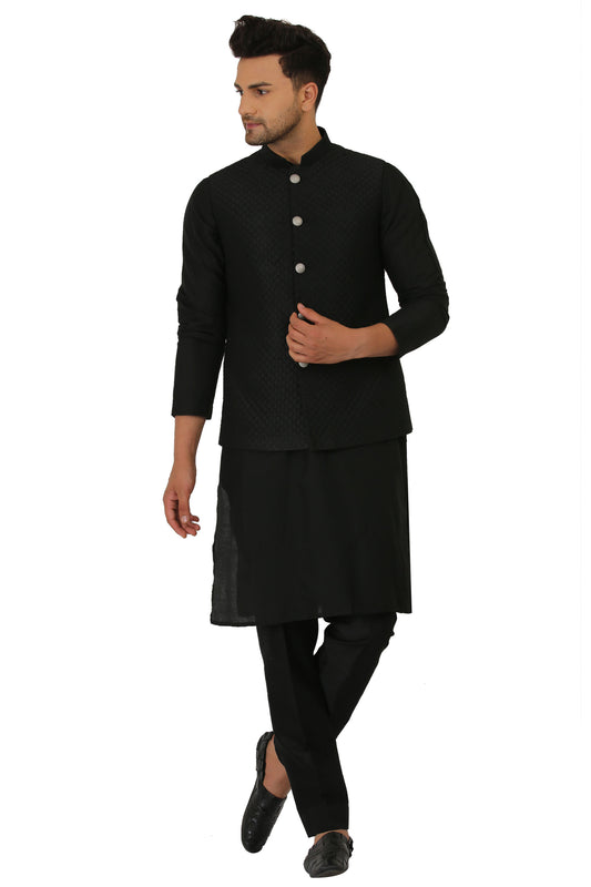Black Nehru Jacket Acrylic motif with Kurta Churidaar