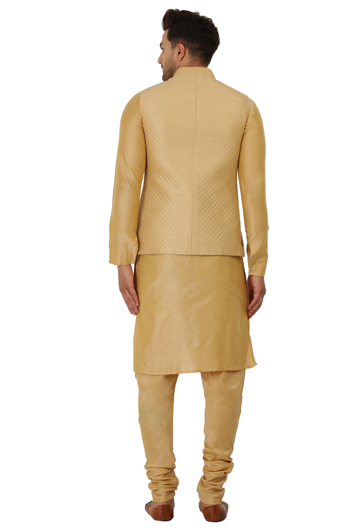 Gold color Nehru Jacket with Kurta Churidaar