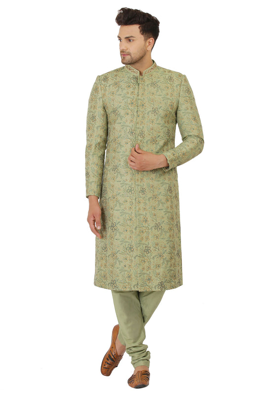 Olive Green hand embroidered Ruby Silk Sherwani Set- Plus