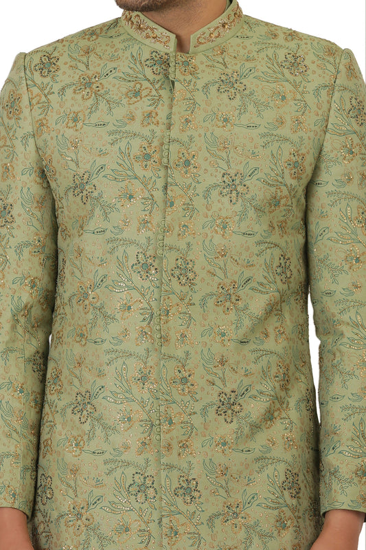 Olive Green hand embroidered Ruby Silk Sherwani Set- Plus
