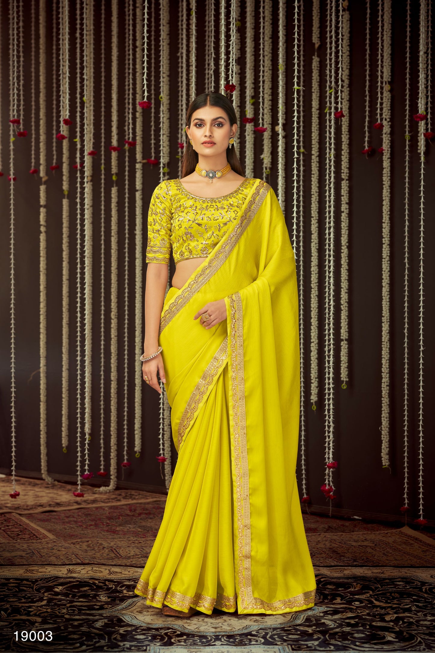 Yellow Color Sequins Embroidery Chinnon Silk Saree for Haldi