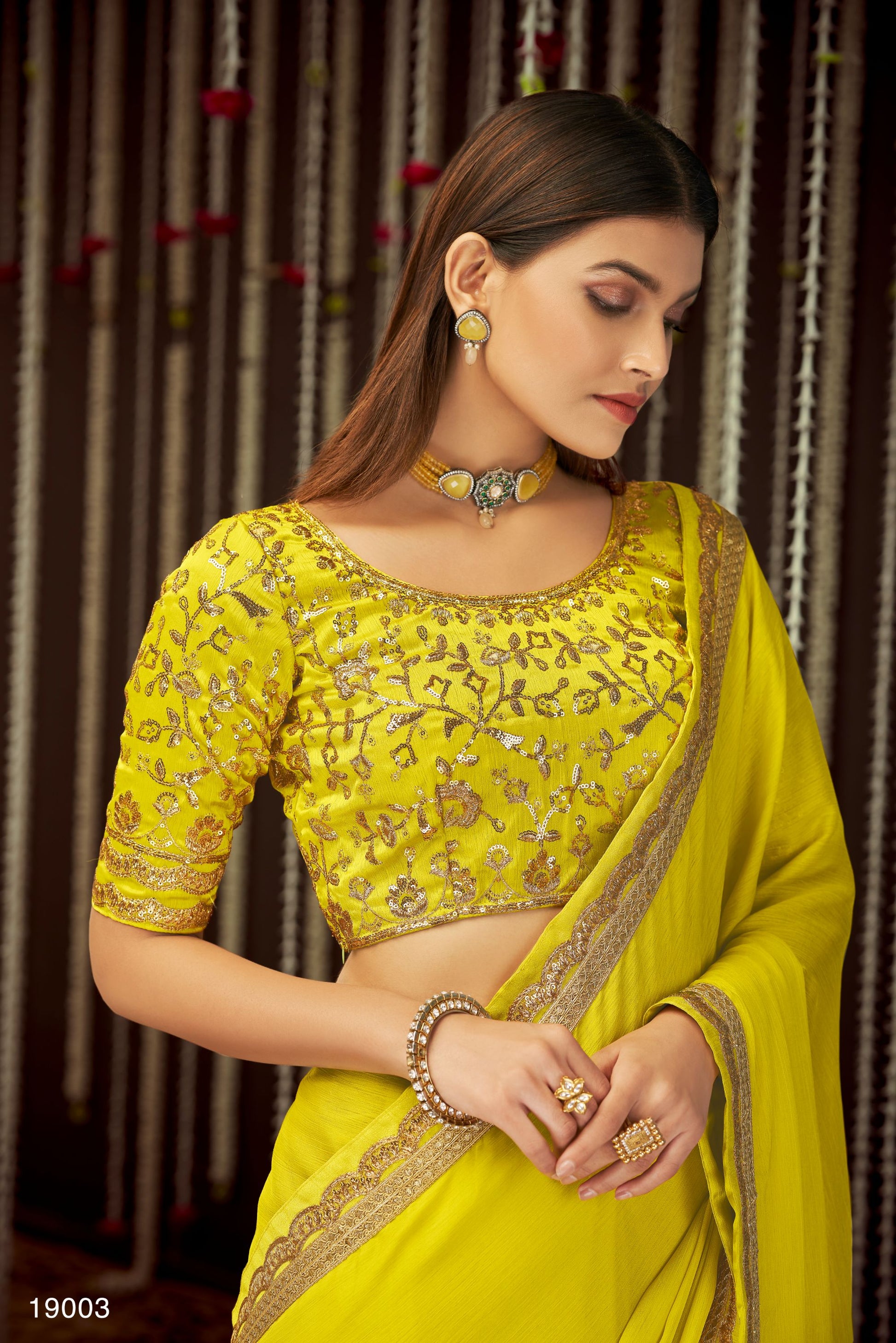 Yellow Color Sequins Embroidery Chinnon Silk Saree for Haldi