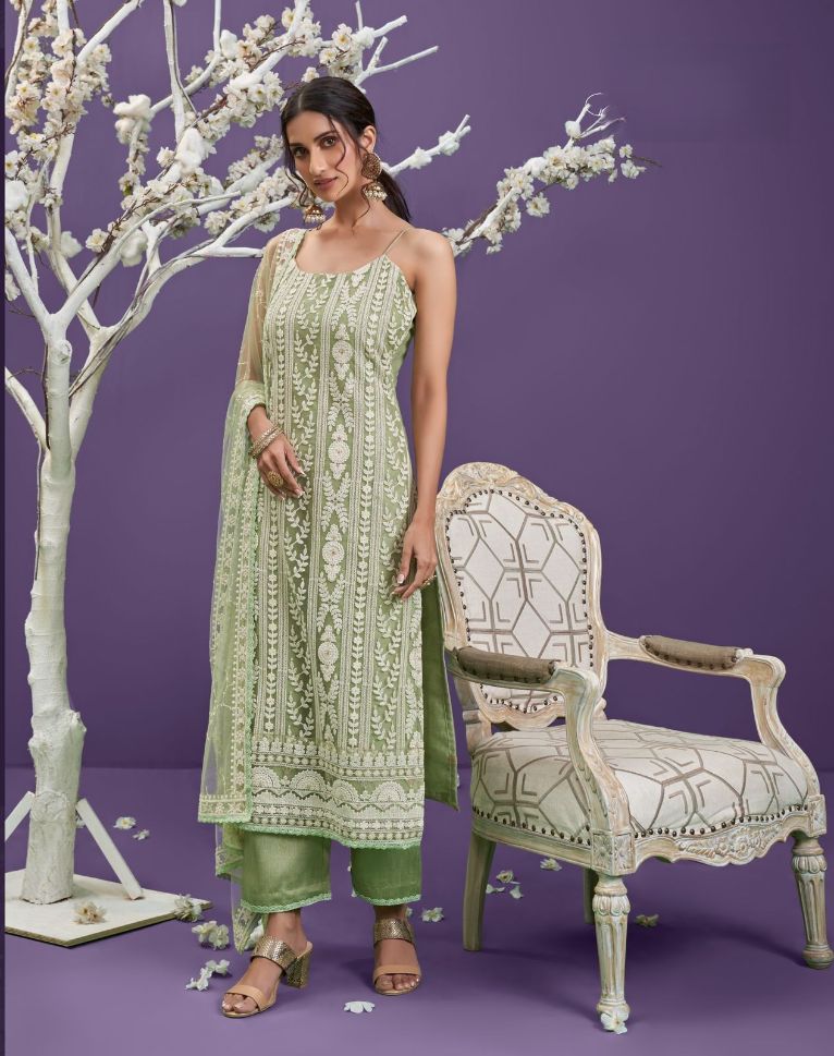 Light Green Embroidered Net Salwar Suit for Mehendi