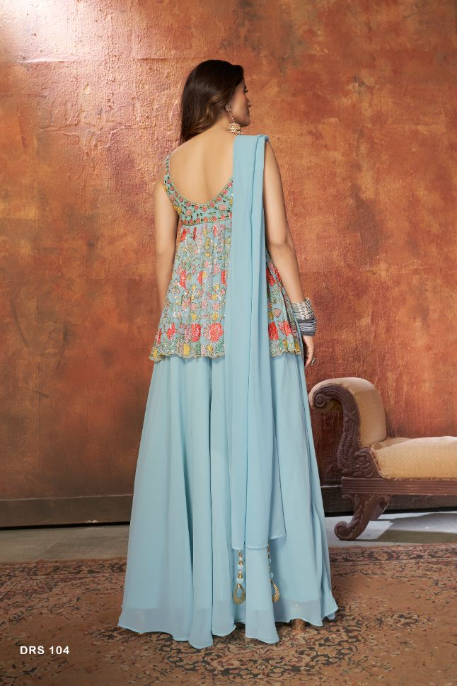 Light Blue Georgette Floral Embroidered Palazzo Suit