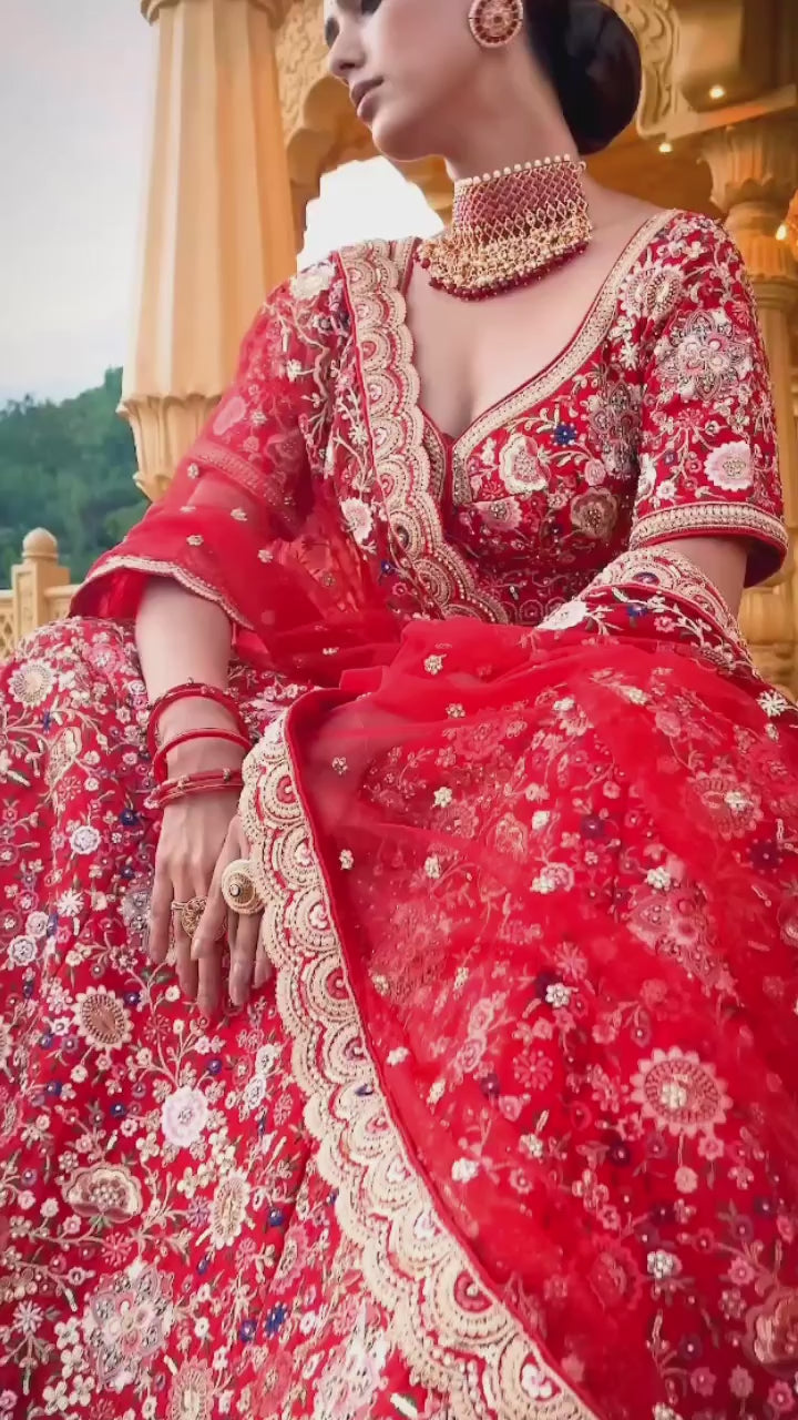 Marvelous Pure Red Silk Bridal Lehenga