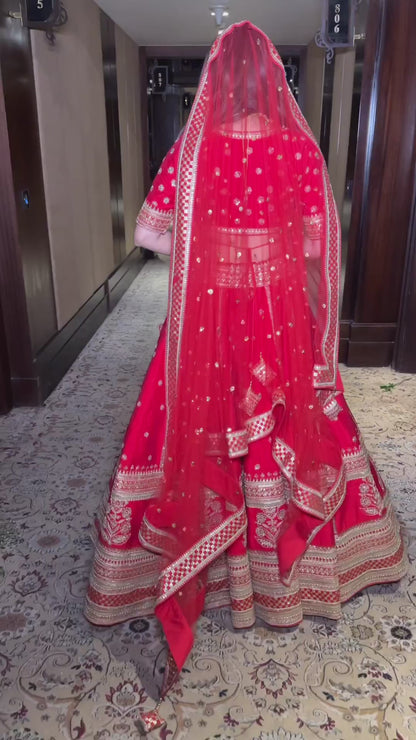 Red Designer Raw Silk Embroidered Bridal Lehenga