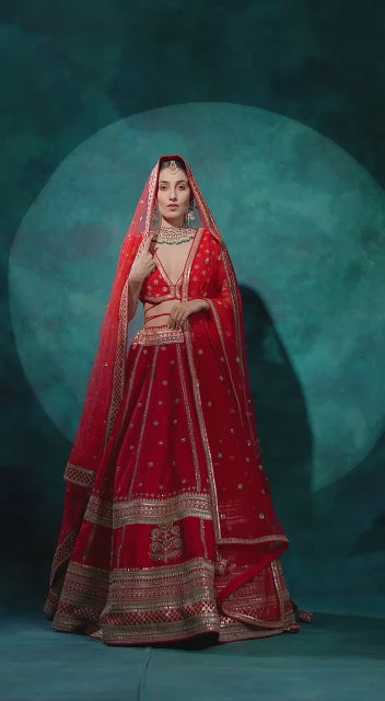 Red Designer Raw Silk Embroidered Bridal Lehenga