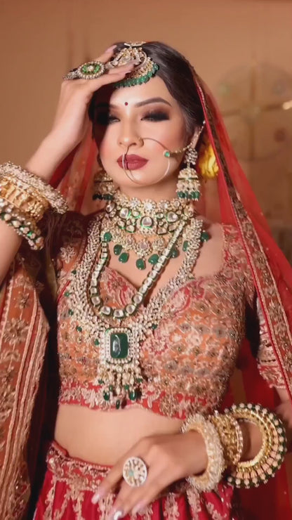 Red, Orange and mustard Designer Net Embroidered Bridal Lehenga