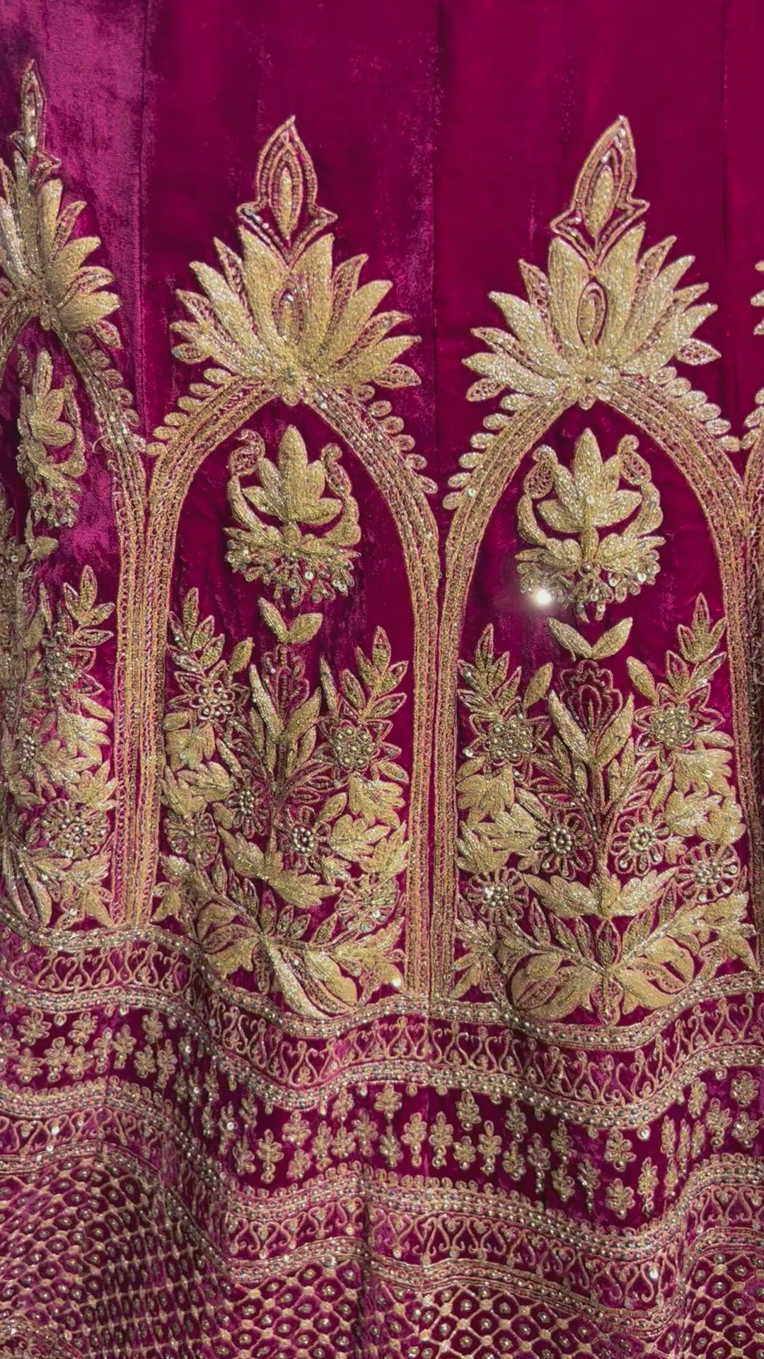 Rose Red Hand Embroidered Micro Velvet antique style Bridal Lehenga