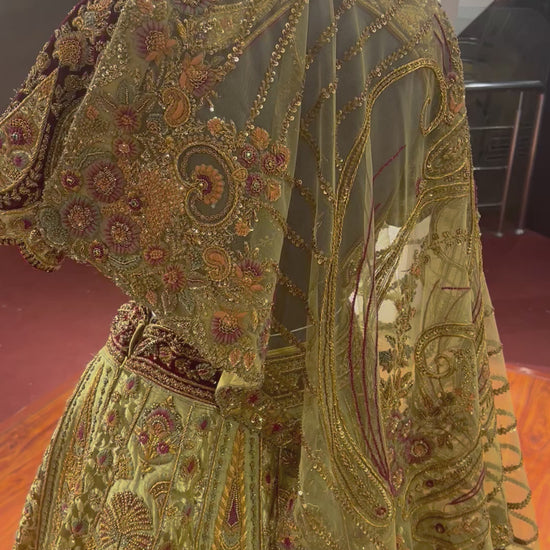 Designer Mehendi Brocade Hand Embroidered Dilbaug Bridal Lehenga