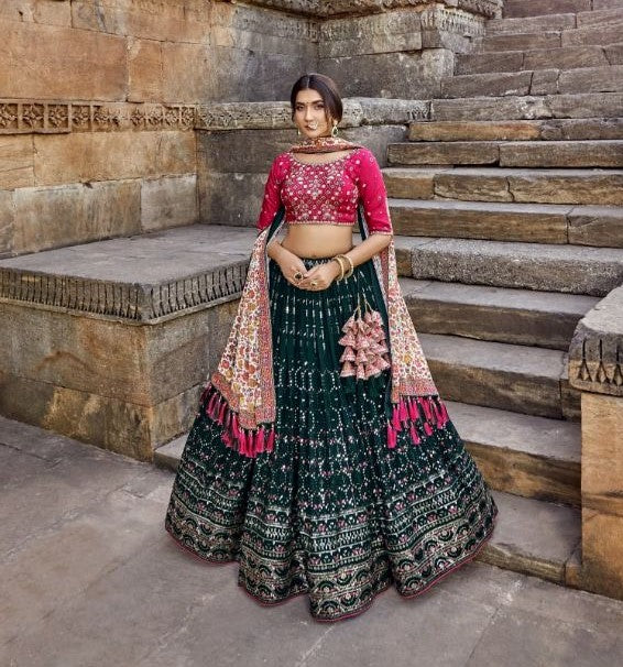 Green and Pink Color Heavy Sequins Work Lehenga