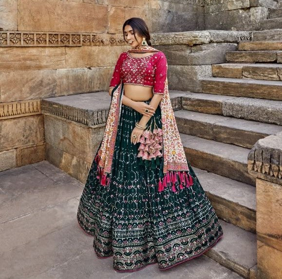 Green and Pink Color Heavy Sequins Work Lehenga