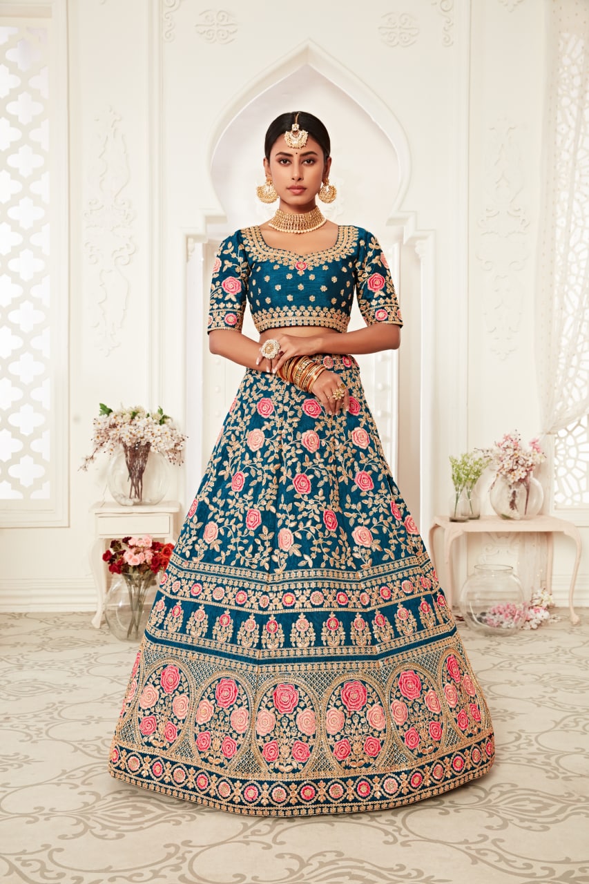 Blue Color Slub Silk Embroidery Lehenga